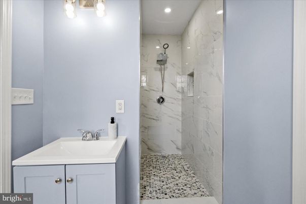 Bathroom, Glass Shower, Interior, Marble Walls, Recessed Lighting