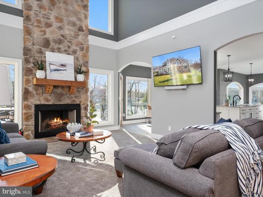 Fireplace, Interior, Living room, Pendant Lights, Stone Walls