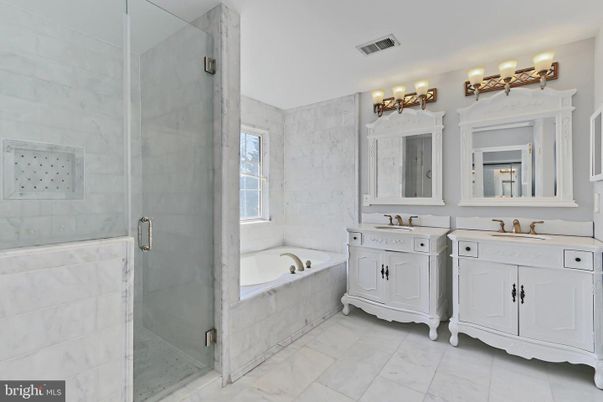 Bathroom, Dual Sink Vanities, Glass Shower, Interior, Marble Walls