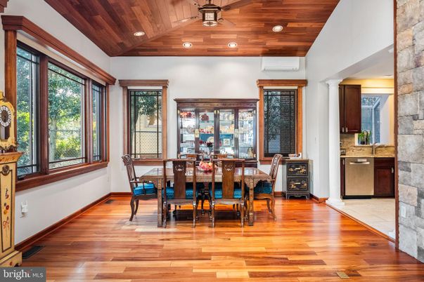 Dining room, Interior, Recessed Lighting, Wooden Ceilings, Wood Texture Flooring