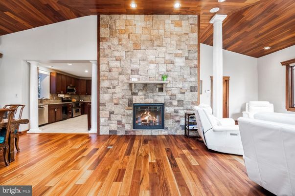 Fireplace, Interior, Kitchen, Living room, Recessed Lighting, Stone Walls, Wooden Ceilings, Wood Texture Flooring