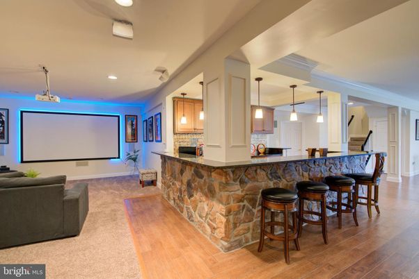 Interior, Pendant Lights, Projection Screen, Recessed Lighting, Wood Texture Flooring