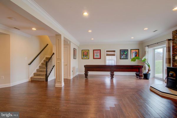 Billiard Table, Fireplace, Game Room, Interior, Recessed Lighting, Wood Texture Flooring