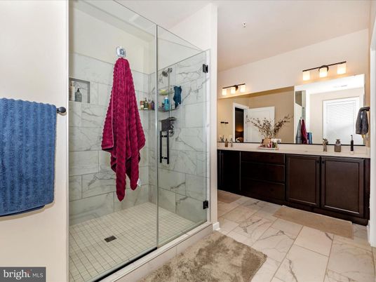 Bathroom, Dual Sink Vanities, Glass Shower, Interior, Marble, Marble Walls