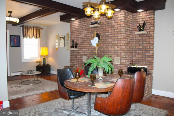 Dining room, Interior, Recessed Lighting, Stone Walls, Wooden Beams, Wood Texture Flooring
