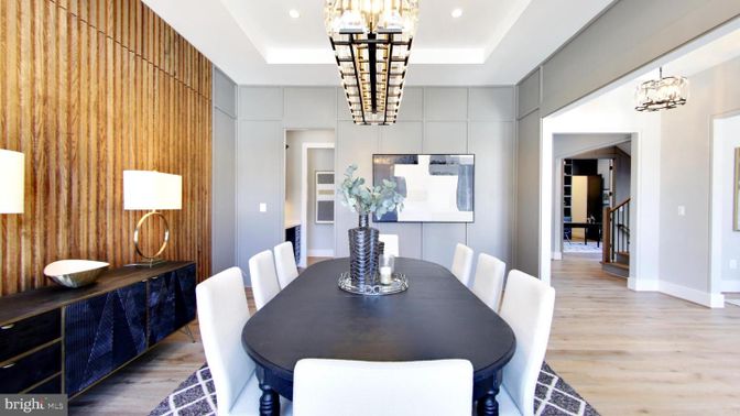 Dining room, Interior, Kitchen, Pendant Lights, Recessed Lighting, Wood Texture Flooring