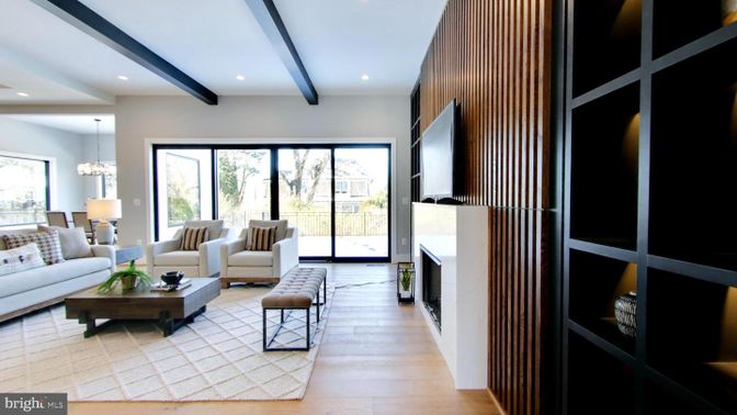 Chandelier, Fireplace, Interior, Living room, Recessed Lighting, Wooden Beams, Wood Texture Flooring