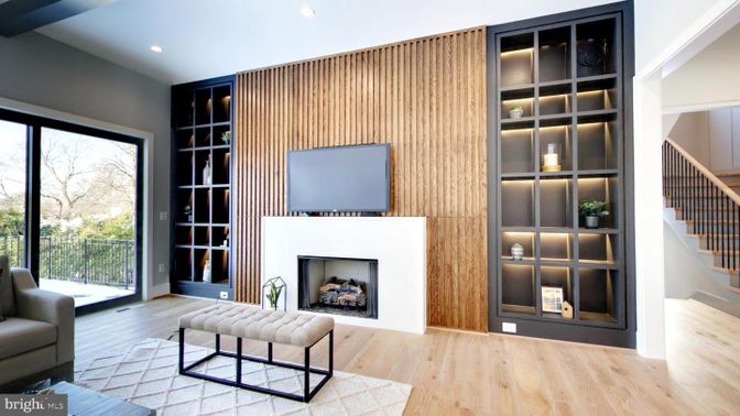 Fireplace, Interior, Recessed Lighting, Wood Texture Flooring