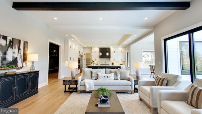 Interior, Kitchen, Living room, Recessed Lighting, Stainless Steel Appliances, Wood Texture Flooring