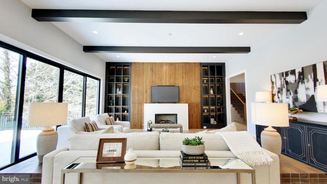 Fireplace, Interior, Living room, Recessed Lighting, Wooden Beams, Wood Texture Flooring