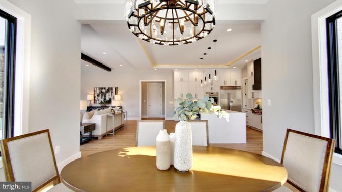 Chandelier, Dining room, Interior, Kitchen, Pendant Lights, Recessed Lighting, Stainless Steel Appliances, Wood Texture Flooring