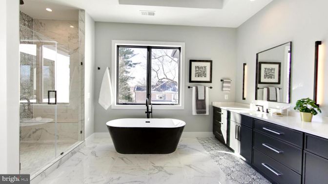 Bathroom, Dual Sink Vanities, Free Standing Baths, Glass Shower, Interior, Marble, Marble Walls, Recessed Lighting