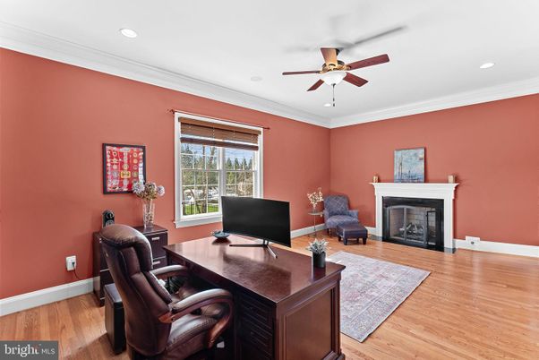 Fireplace, Home Office, Interior, Recessed Lighting, Wood Texture Flooring