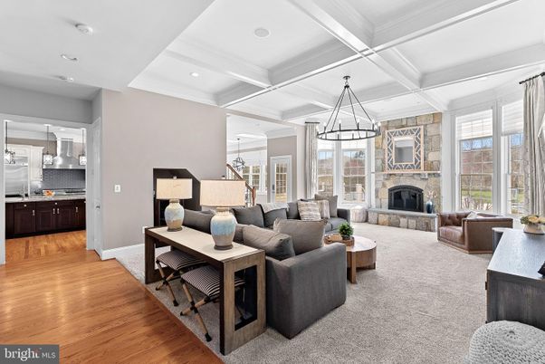 Fireplace, Interior, Kitchen, Living room, Pendant Lights, Recessed Lighting, Wood Texture Flooring