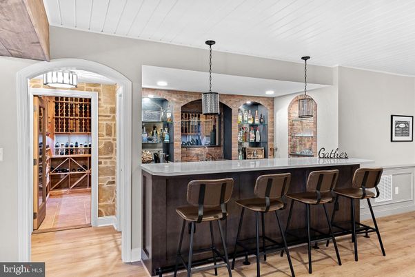 Interior, Pendant Lights, Recessed Lighting, Stone Walls, Wine Storage, Wood Texture Flooring
