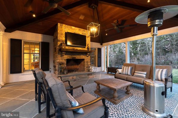 Fireplace, Interior, Living room, Pendant Lights, Recessed Lighting, Stone Walls, Wooden Ceilings