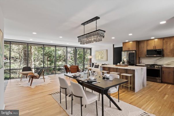 Chandelier, Dining room, Interior, Kitchen, Living room, Recessed Lighting, Stainless Steel Appliances, Wood Texture Flooring