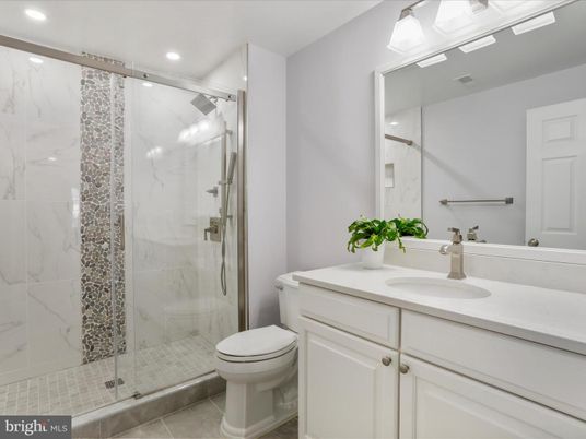 Bathroom, Glass Shower, Interior, Marble Walls, Recessed Lighting