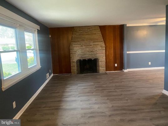 Empty room, Fireplace, Interior, Stone Walls, Wood Texture Flooring