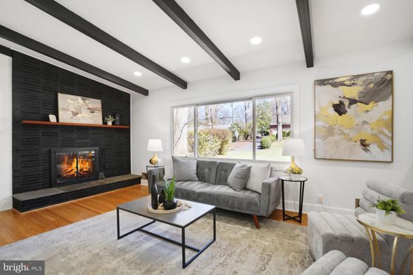 Fireplace, Interior, Living room, Recessed Lighting, Wooden Beams, Wood Texture Flooring