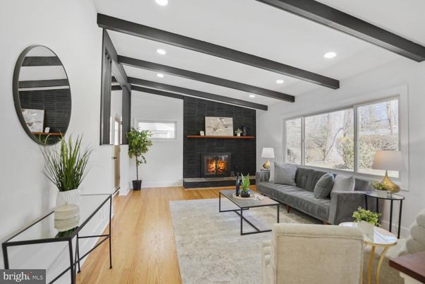 Fireplace, Interior, Living room, Recessed Lighting, Stone Walls, Wooden Beams, Wood Texture Flooring