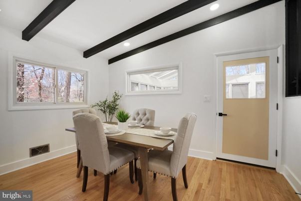 Dining room, Interior, Recessed Lighting, Wooden Beams, Wood Texture Flooring