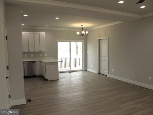 Chandelier, Empty room, Interior, Kitchen, Recessed Lighting, Wood Texture Flooring