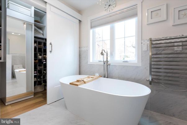 Bathroom, Free Standing Baths, Interior, Marble, Marble Walls, Wood Texture Flooring