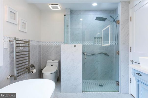 Bathroom, Glass Shower, Interior, Marble, Marble Walls, Recessed Lighting