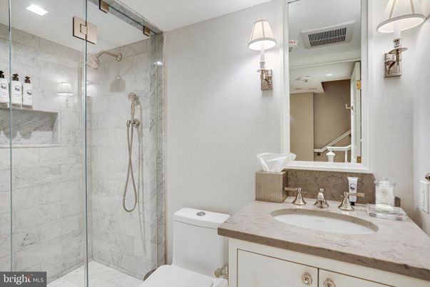 Bathroom, Glass Shower, Interior, Marble Walls, Recessed Lighting