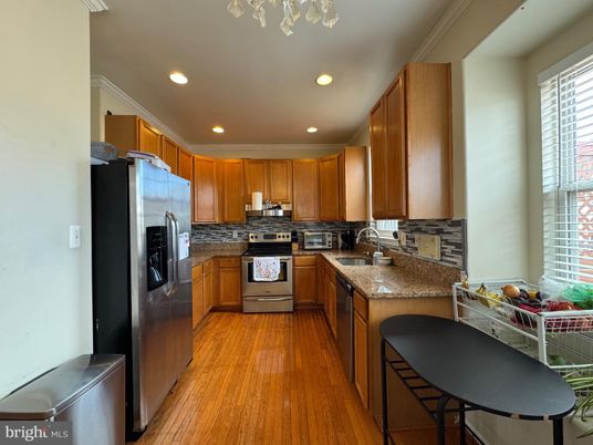 Interior, Kitchen, Recessed Lighting, Stainless Steel Appliances, Wood Texture Flooring