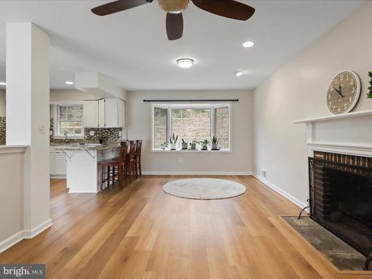 Fireplace, Interior, Kitchen, Recessed Lighting, Wood Texture Flooring