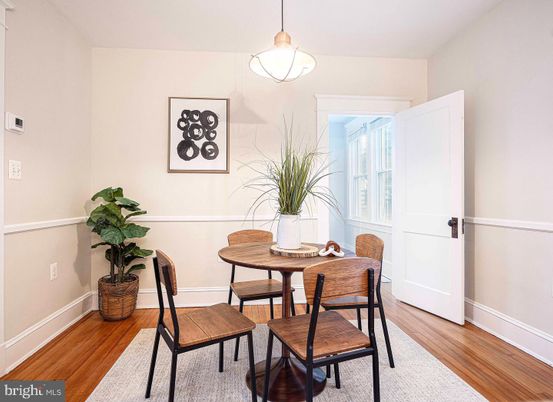 Dining room, Interior, Pendant Lights, Wood Texture Flooring
