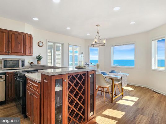 Chandelier, Dining room, Interior, Kitchen, Recessed Lighting, Water, Wood Texture Flooring