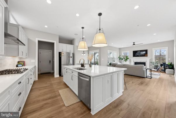 Fireplace, Interior, Kitchen, Living room, Pendant Lights, Recessed Lighting, Stainless Steel Appliances, Wood Texture Flooring