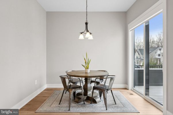 Dining room, Interior, Pendant Lights, Wood Texture Flooring