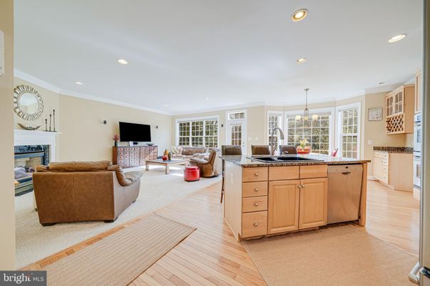 Fireplace, Interior, Kitchen, Living room, Pendant Lights, Recessed Lighting, Wood Texture Flooring