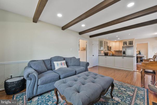 Interior, Kitchen, Living room, Recessed Lighting, Stainless Steel Appliances, Wooden Beams, Wood Texture Flooring