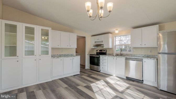 Chandelier, Interior, Kitchen, Stainless Steel Appliances, Wood Texture Flooring