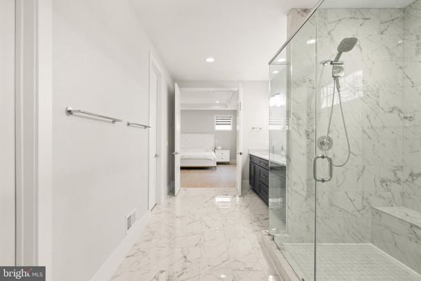 Bathroom, Bedroom, Glass Shower, Interior, Marble, Marble Walls, Recessed Lighting