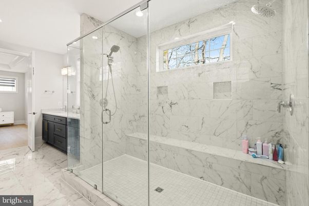 Bathroom, Glass Shower, Interior, Marble, Marble Walls, Recessed Lighting
