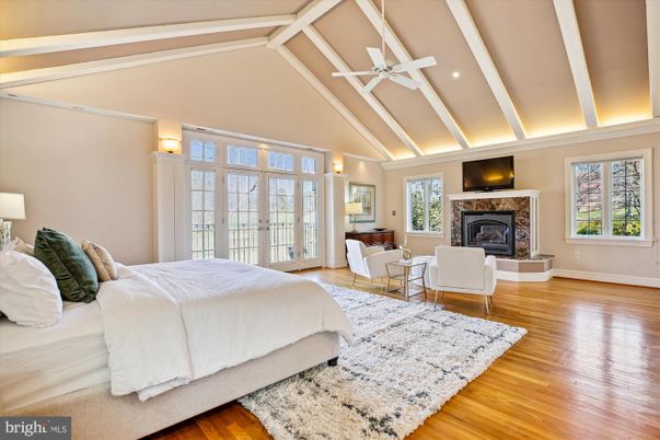 Bedroom, Fireplace, Interior, Recessed Lighting, Wood Texture Flooring