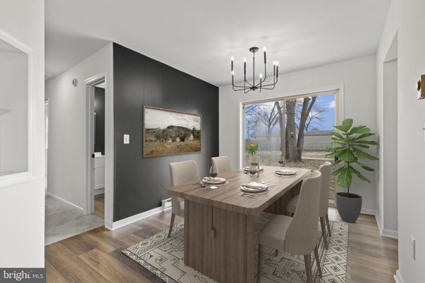 Dining room, Interior, Pendant Lights, Wood Texture Flooring