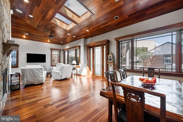 Dining room, Fireplace, Interior, Living room, Recessed Lighting, Wooden Ceilings, Wood Texture Flooring