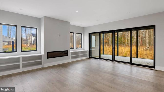 Empty room, Fireplace, Interior, Recessed Lighting, Wood Texture Flooring