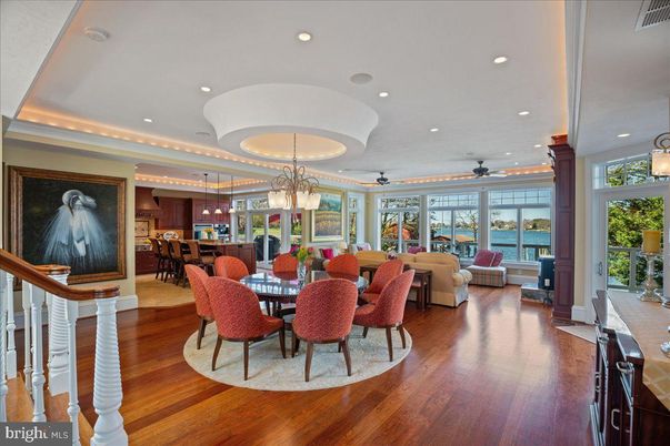 Dining room, Interior, Living room, Pendant Lights, Recessed Lighting, Water, Wood Texture Flooring