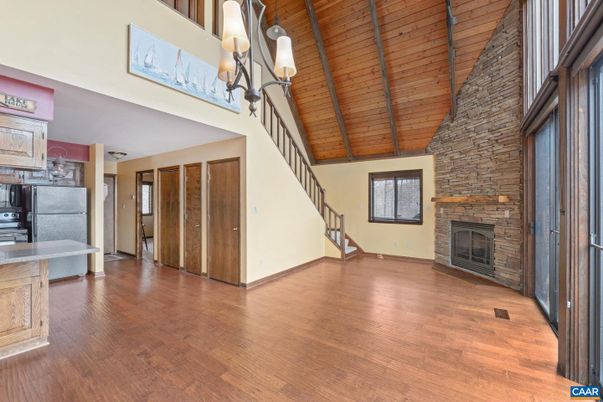 Chandelier, Fireplace, Interior, Stone Walls, Wooden Beams, Wooden Ceilings, Wood Texture Flooring