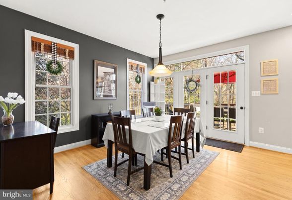 Dining room, Interior, Pendant Lights, Wood Texture Flooring