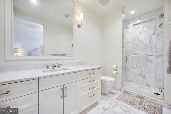 Bathroom, Glass Shower, Interior, Marble, Marble Walls, Recessed Lighting