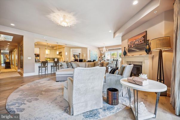 Chandelier, Dining room, Fireplace, Interior, Kitchen, Living room, Pendant Lights, Recessed Lighting, Wood Texture Flooring